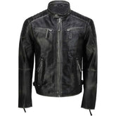 Men's Quilted Panel Biker Style Pure Black Sheepskin Leather Jacket